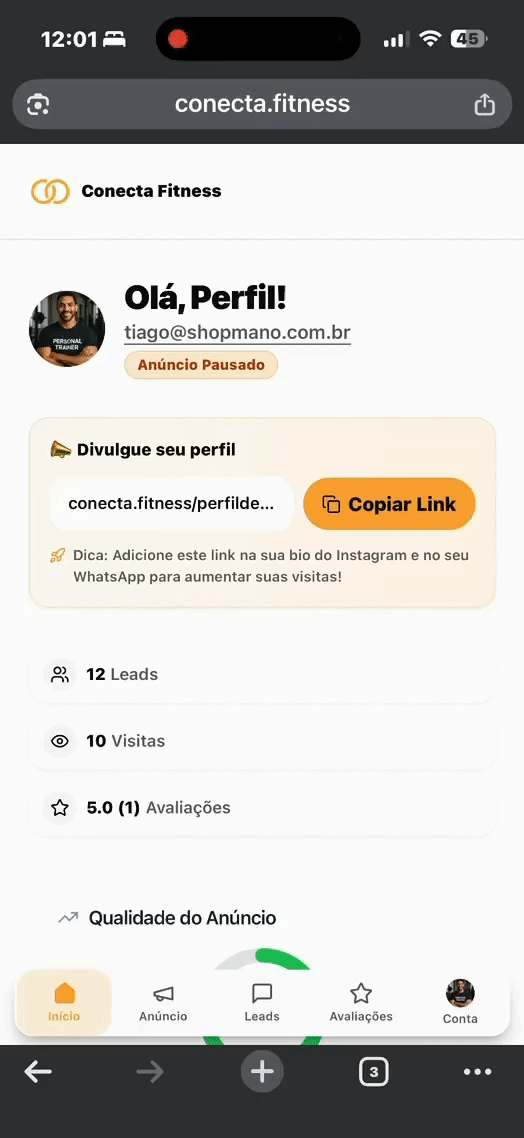 Demo 2 da plataforma Conecta Fitness mostrando o perfil de um personal trainer