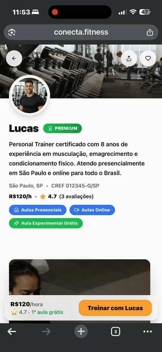 Demo 1 da plataforma Conecta Fitness mostrando o perfil de um personal trainer